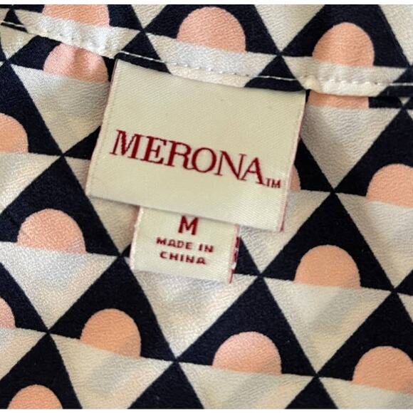 Merona Womens Medium Blouse Black White Tan Print V Neck Buttons - Picture 3 of 10